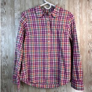 Vineyard Vines Shirt Womens Sz 4‎ Fuchsia Pink Plaid 1/2 Button Linen Blend